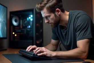 Homme appuyant sur la touche Suppr du clavier pour accéder au BIOS AORUS au démarrage de l'ordinateur