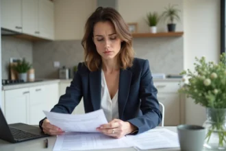 Acheteuse immobilière examinant des documents de vente avec mention URL masquée pour votre sécurité à son domicile