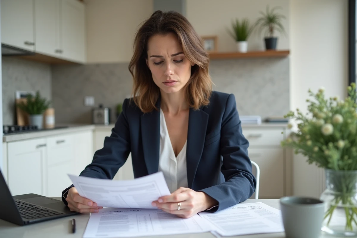 Acheteuse immobilière examinant des documents de vente avec mention URL masquée pour votre sécurité à son domicile