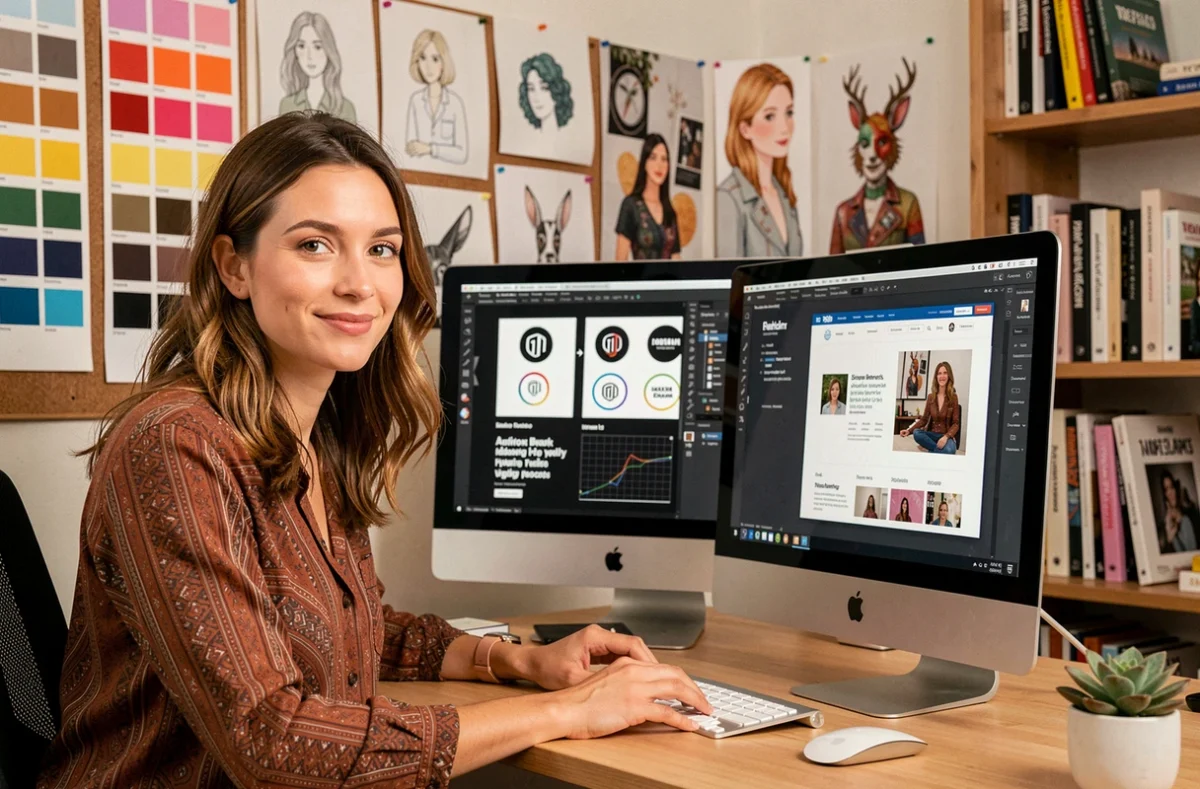 Designer de l'agence Acolyte travaillant sur une identité visuelle et un site web dans un studio créatif à Dijon