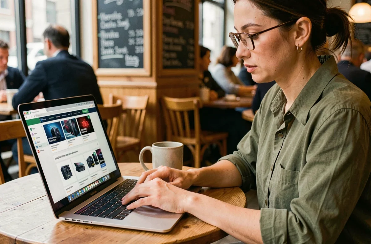 Femme avec lunettes consultant des actualités hardware et offres PC dans un café avec son ordinateur portable ouvert