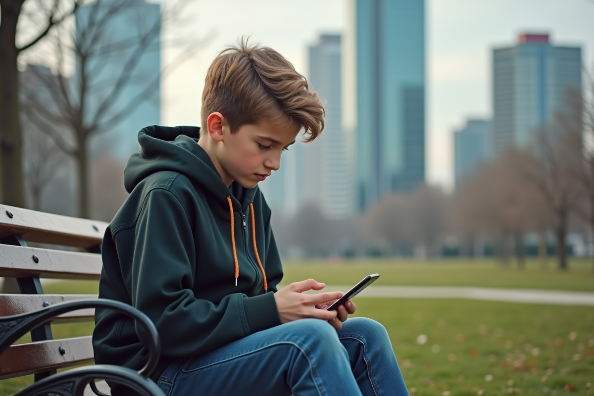 Adolescent sur un banc de parc urbain avec un téléphone en main