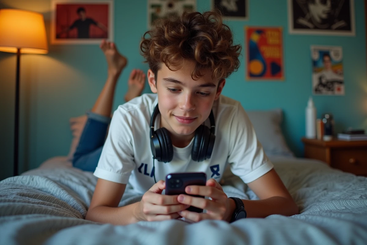 Adolescent utilisant une application de conversion vidéo sur smartphone allongé sur son lit dans sa chambre