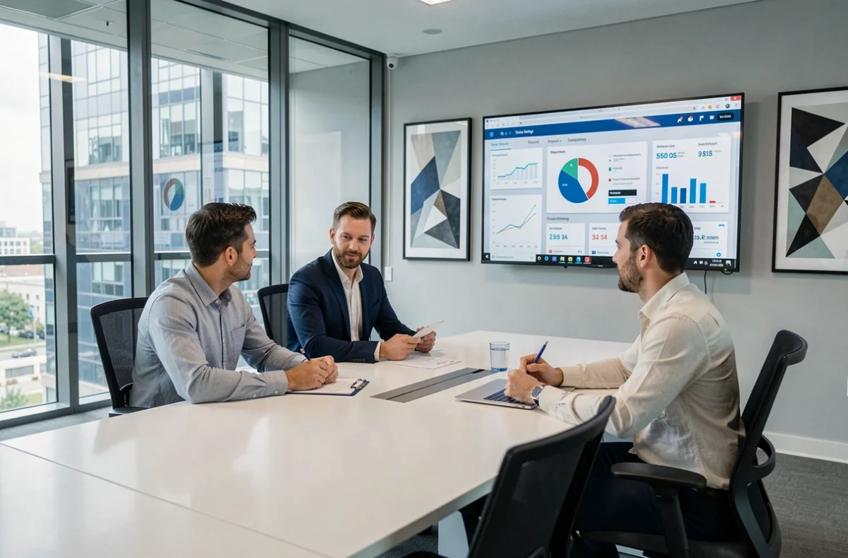 Équipe de l'agence Advisa en réunion stratégique avec un tableau de bord digital affiché sur grand écran à Dijon
