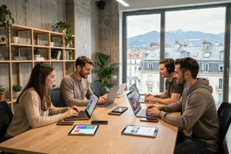 Équipe de développeurs mobiles collaborant dans un bureau tech moderne à Lyon, illustrant le top 10 des agences de développement d'applications mobiles en Auvergne-Rhône-Alpes