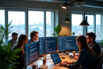 Équipe d'une agence de développement web en Auvergne-Rhône-Alpes travaillant dans un open space moderne avec vue sur Lyon