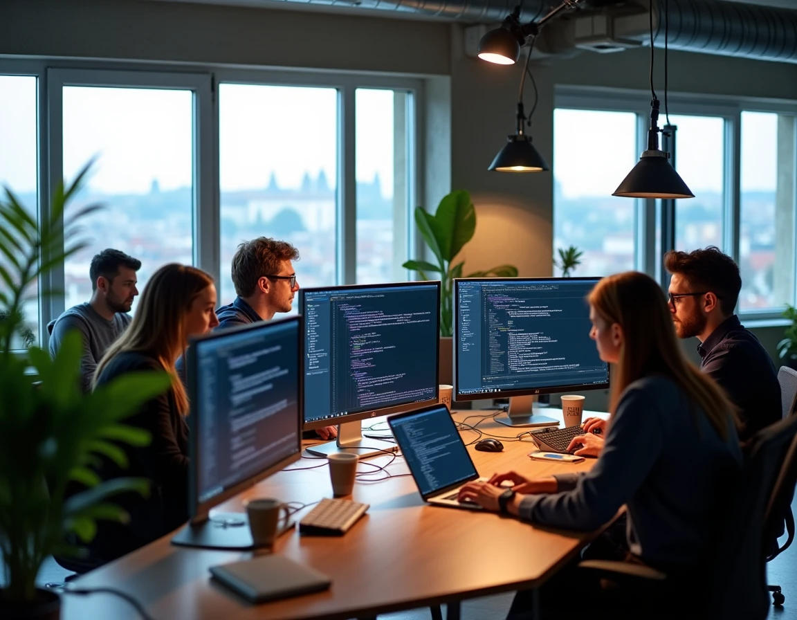 Équipe d'une agence de développement web en Auvergne-Rhône-Alpes travaillant dans un open space moderne avec vue sur Lyon