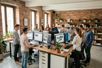 Bureau d'une agence WordPress en Ille-et-Vilaine avec des professionnels travaillant sur des projets web