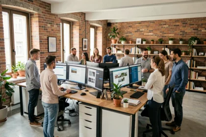 Bureau d'une agence WordPress en Ille-et-Vilaine avec des professionnels travaillant sur des projets web