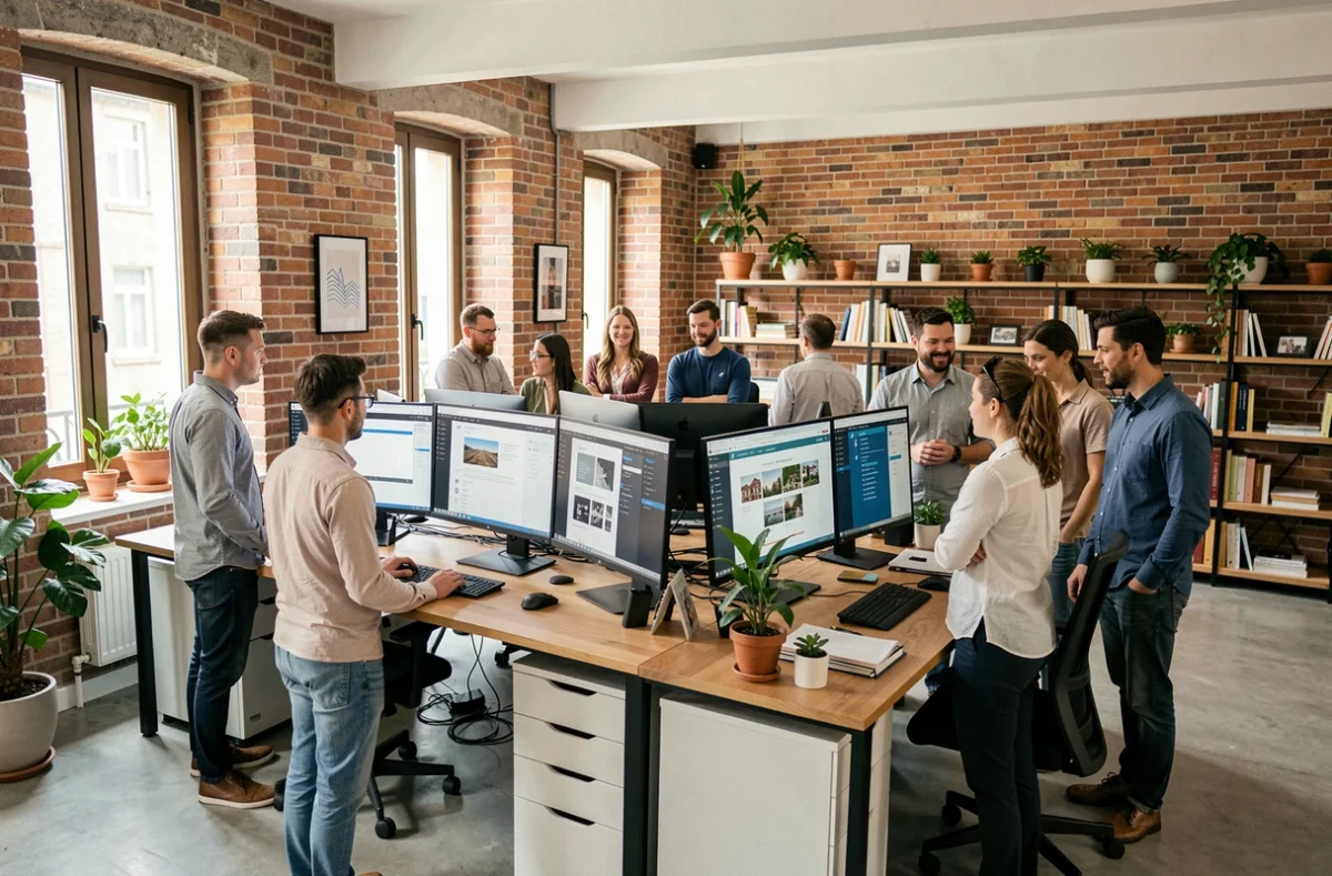 Bureau d'une agence WordPress en Ille-et-Vilaine avec des professionnels travaillant sur des projets web