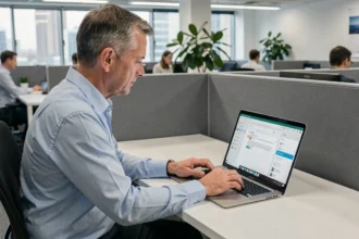 Agent municipal consultant sa messagerie Zimbra sur un ordinateur portable dans un bureau administratif moderne
