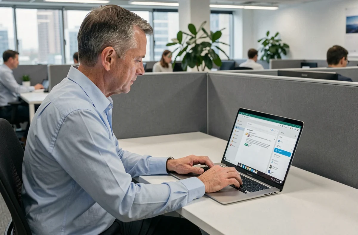 Agent municipal consultant sa messagerie Zimbra sur un ordinateur portable dans un bureau administratif moderne
