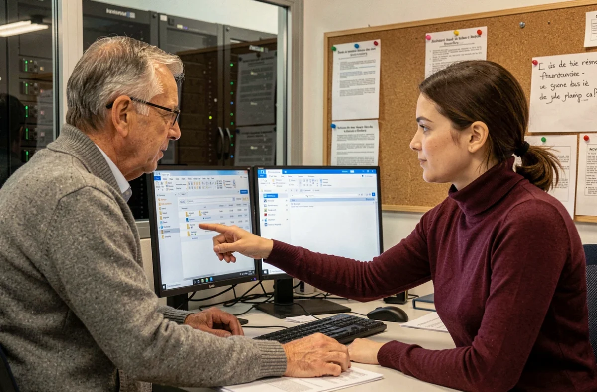 Deux agents municipaux collaborant sur la configuration de la messagerie CHPC dans une salle informatique