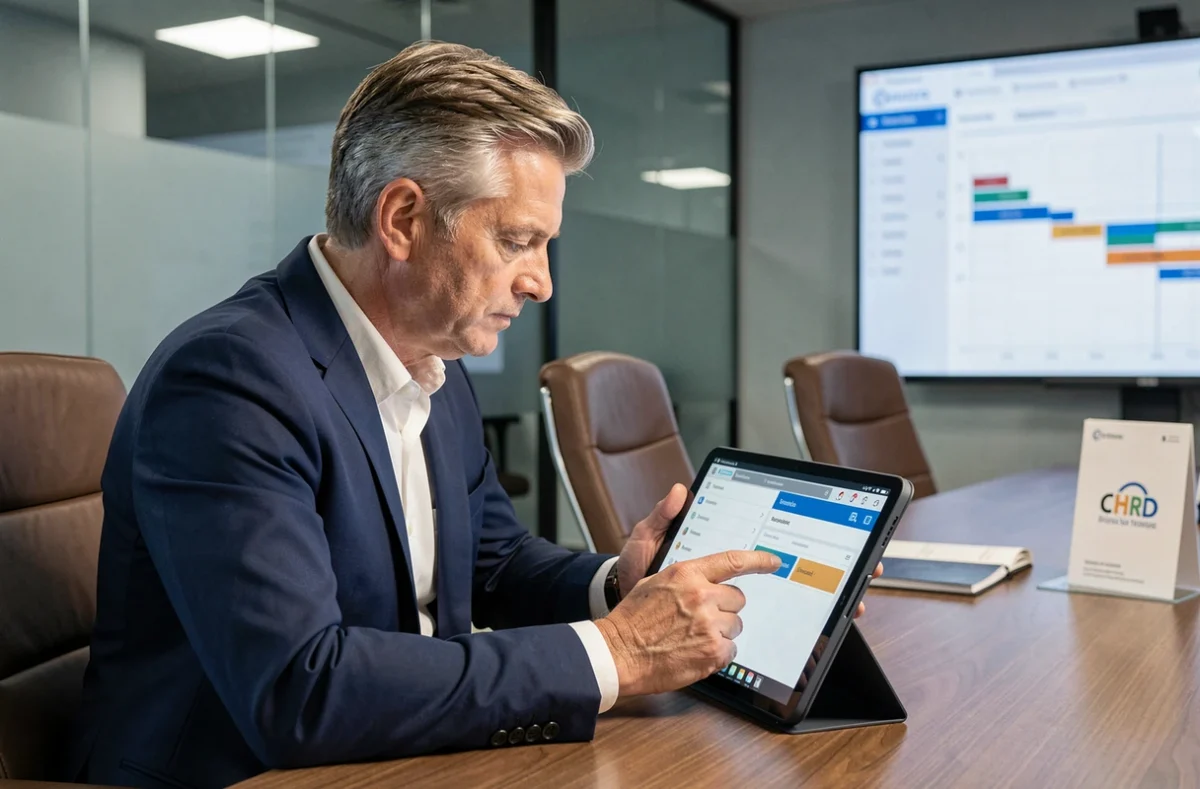 Chef de projet consultant une application métier sur tablette dans une salle de réunion professionnelle, représentant l'agence Altavia ACT spécialisée en développement sur mesure