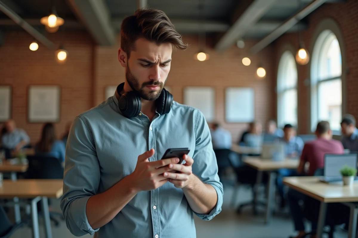 Jeune alternant vérifiant ses mails universitaires Nantes sur smartphone dans un espace de coworking