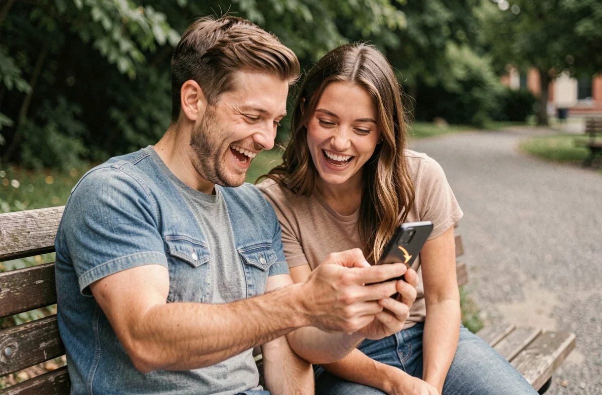Deux amis partageant la découverte de l'astuce Do a Barrel Roll sur un smartphone Android dans un parc