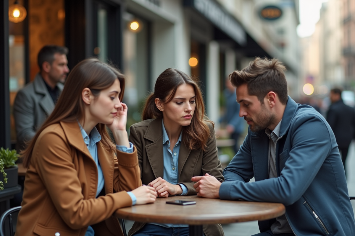 Trois amis discutant dans un café en ville avec une atmosphère tendue