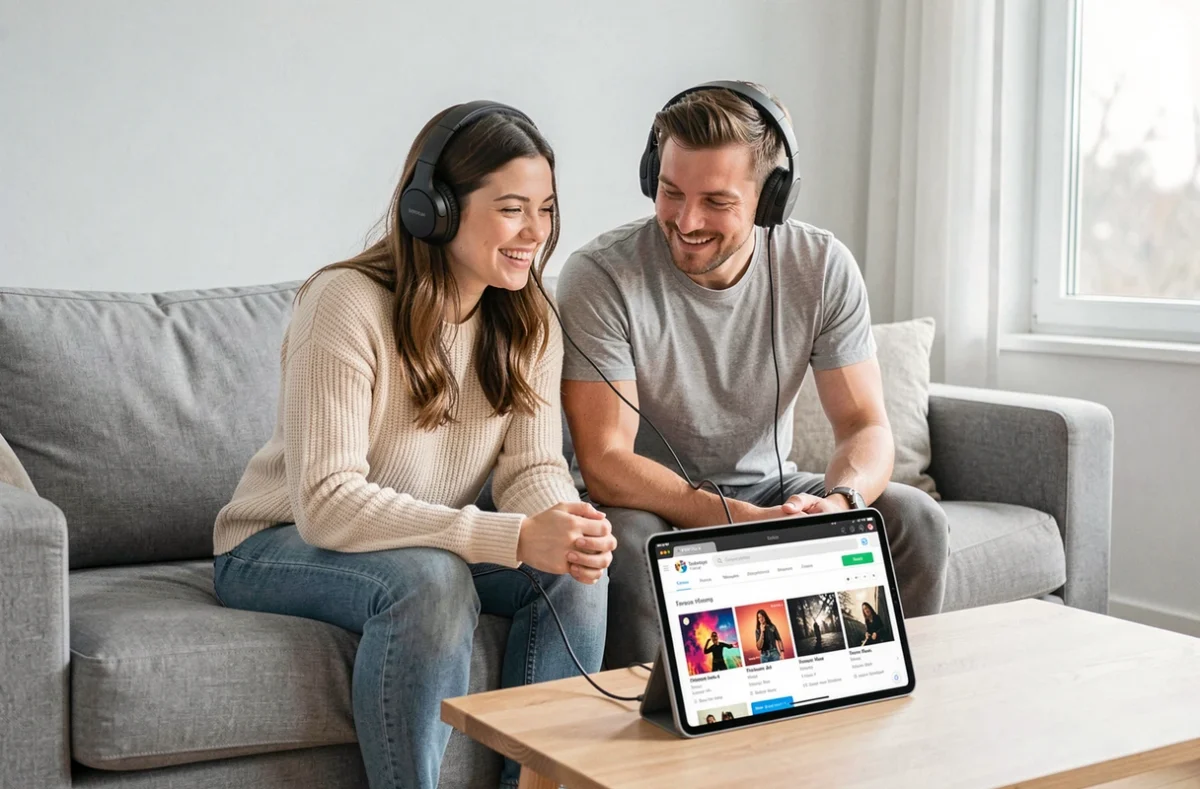 Deux amis partageant un casque audio pour écouter de la musique sur une tablette dans un salon moderne