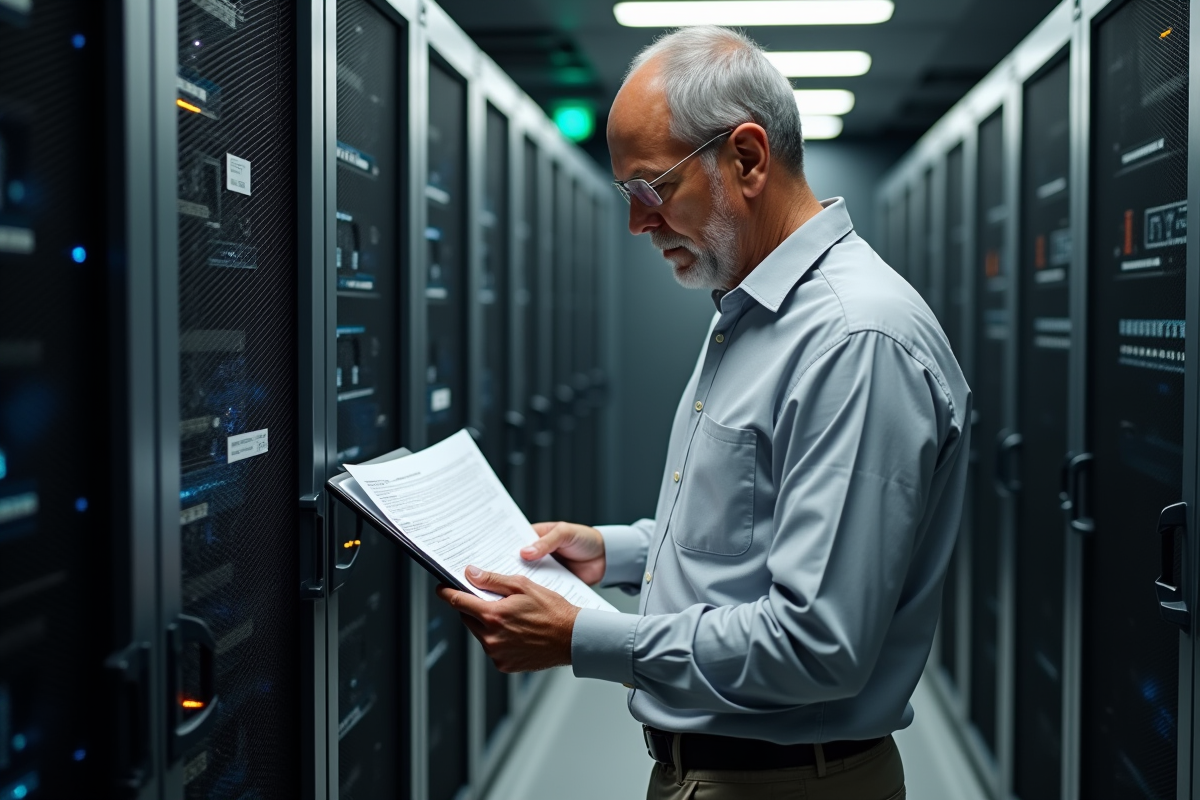 Homme analysant un rapport de securite reseau dans un centre de donnees