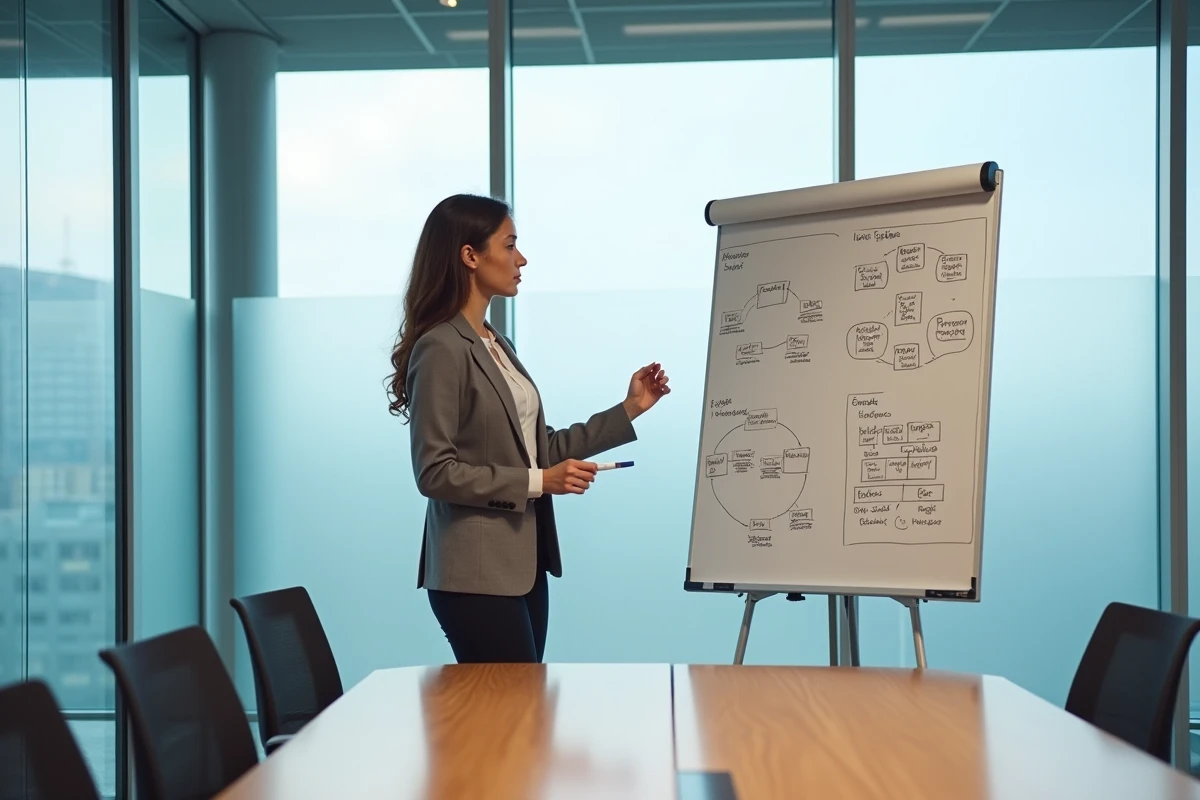Architecte système féminine présentant des diagrammes de hiérarchie de permissions croisées sur un tableau blanc en salle de réunion
