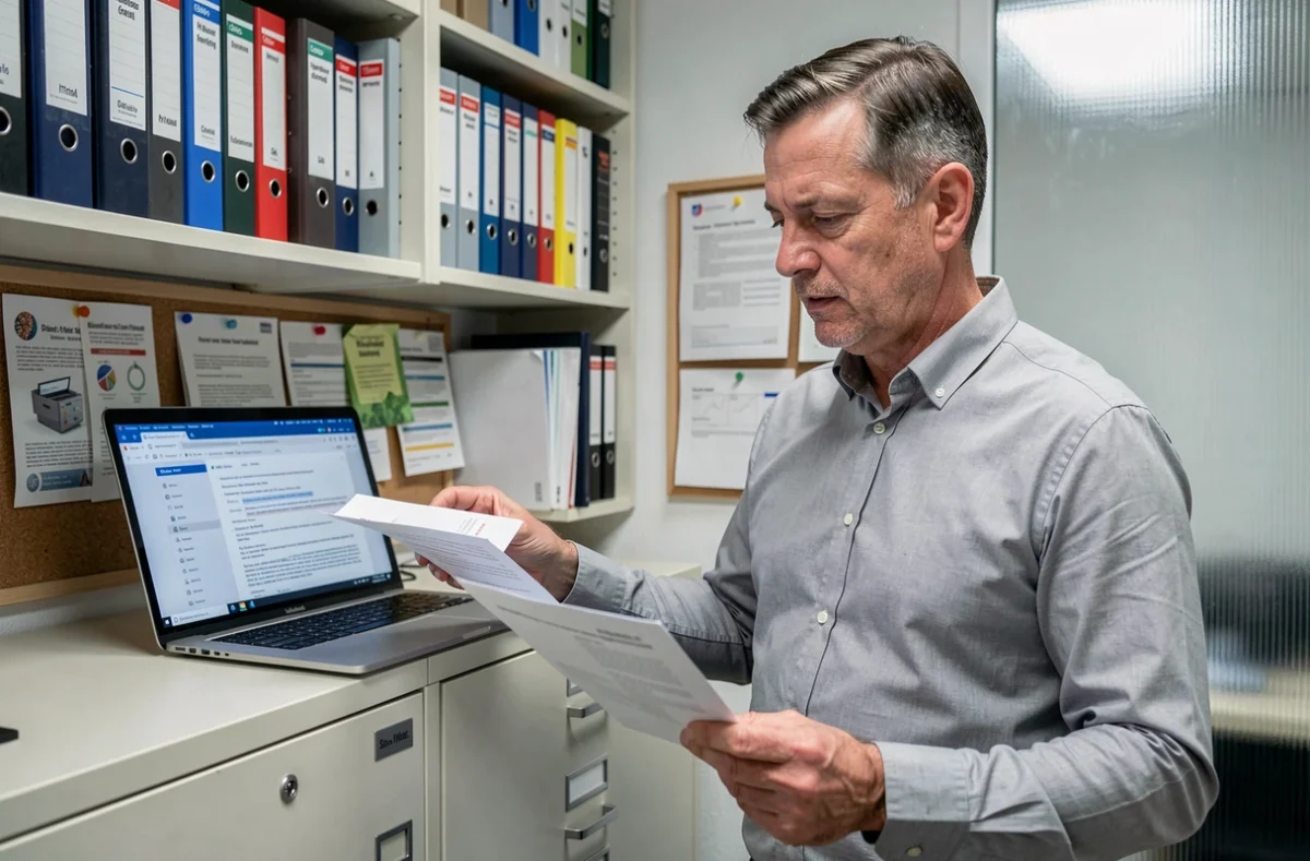 Agent administratif archivant des mails de la messagerie intranet Amiens avec des dossiers papier dans un bureau municipal