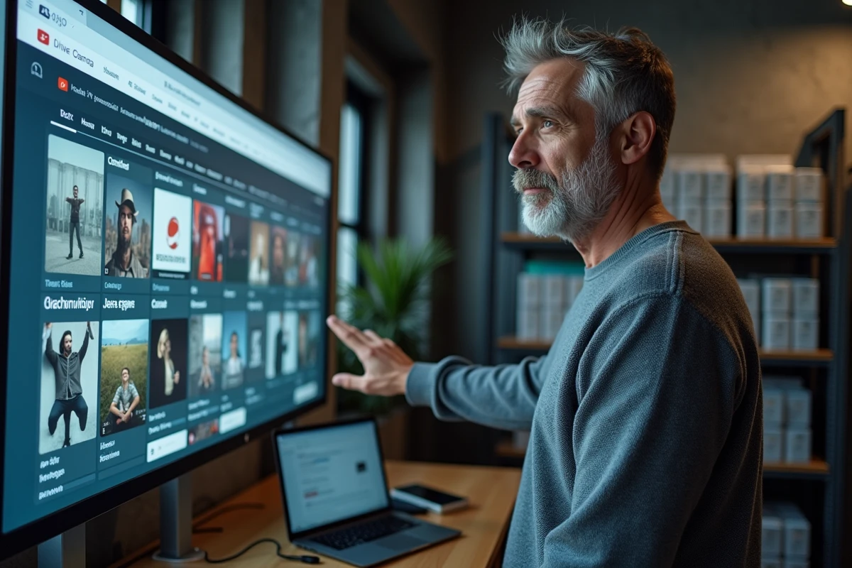 Homme debout devant un grand écran affichant des archives de pages web dans un espace de travail numérique professionnel