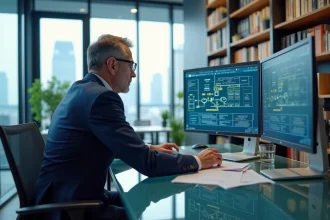 Auditeur IT en costume bleu examinant diagrammes sur grand écran