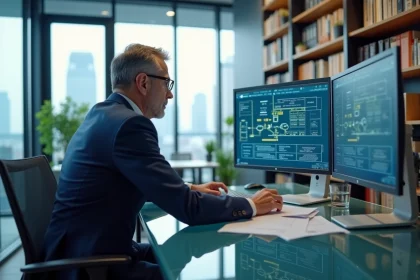 Auditeur IT en costume bleu examinant diagrammes sur grand écran