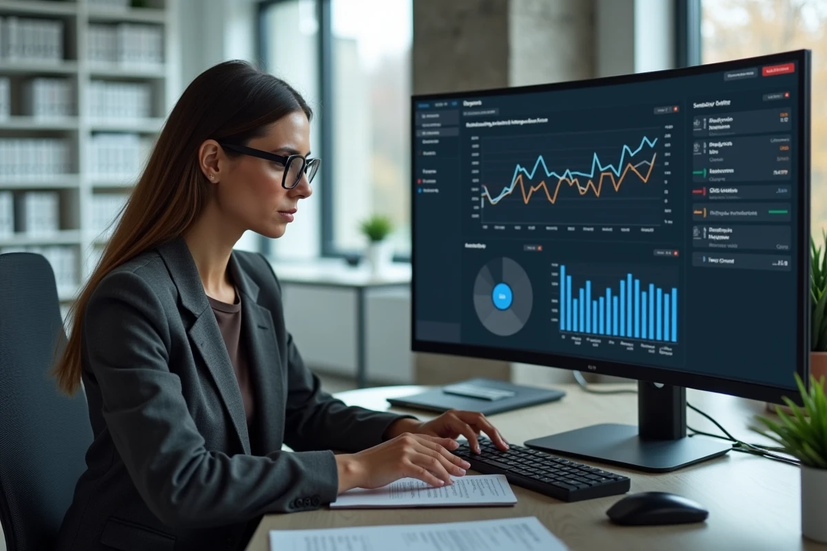 Avocate consultant un tableau de bord de veille juridique automatisée sur son écran dans un cabinet moderne