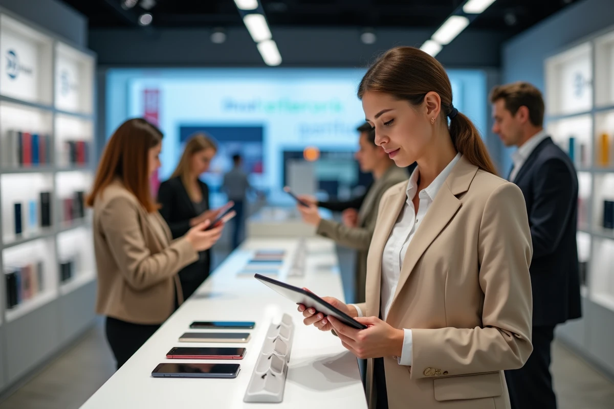Cliente en boutique télécom comparant la compatibilité réseau d'un téléphone Ericsson avec l'aide d'un conseiller
