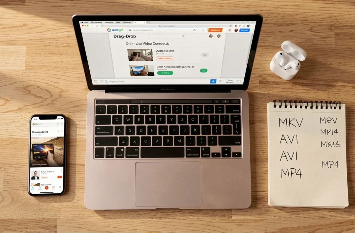 Vue de dessus d'un bureau avec un convertisseur vidéo en ligne ouvert sur un ordinateur portable pour passer au format MP4