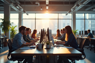 Bureau moderne ouvert avec collaborateurs et ordinateurs