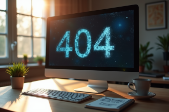 Bureau moderne avec écran affichant erreur 404 et notes SEO