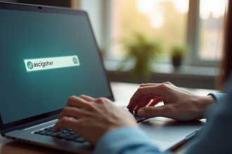 Main tapant une URL sur un ordinateur portable avec coche verte