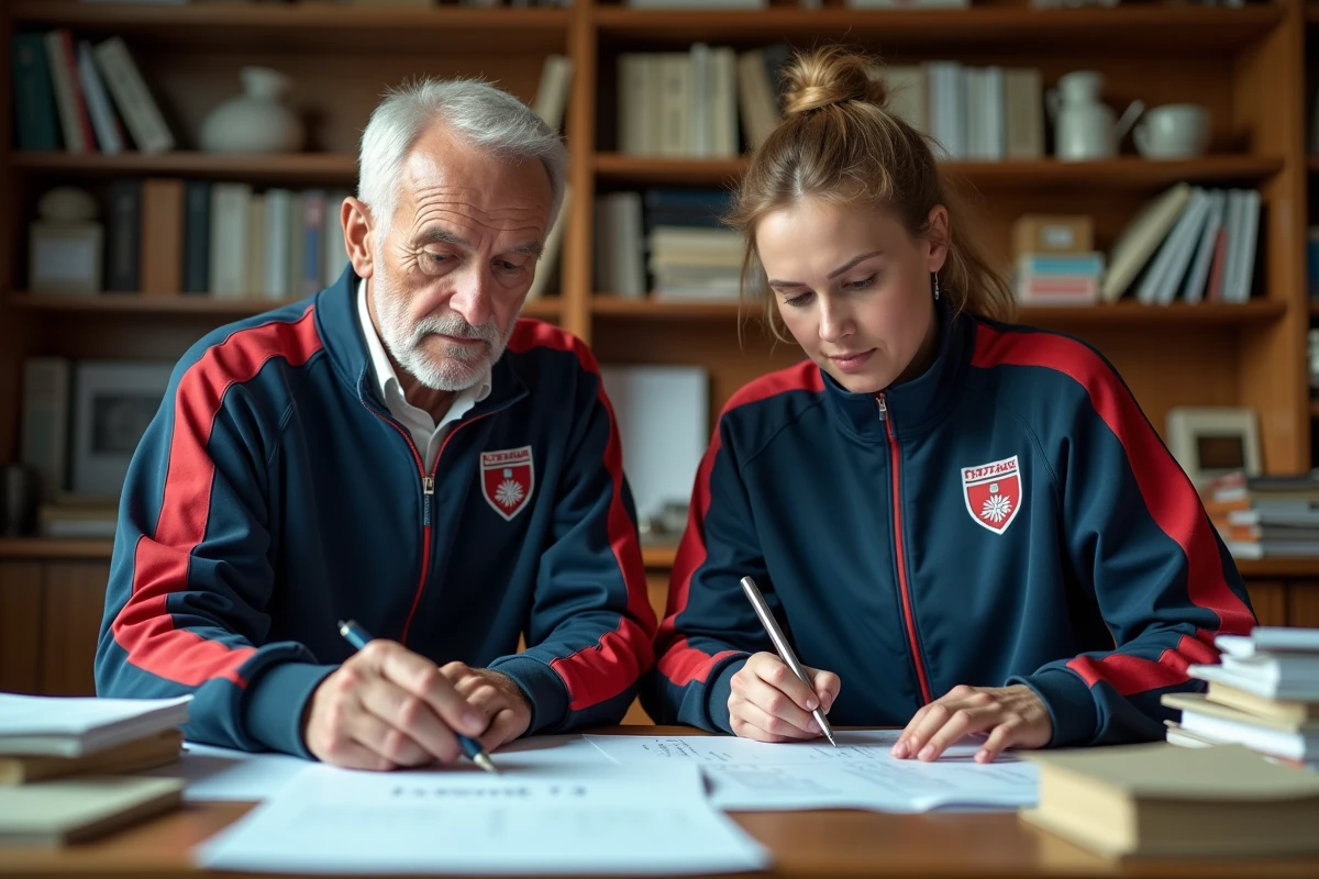 Entraineur et responsable examinant des documents de handball