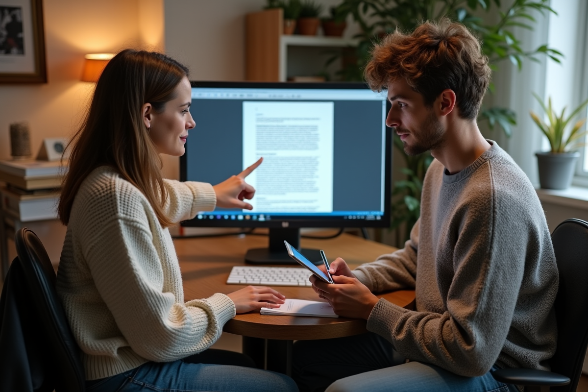 Deux jeunes professionnels collaborant dans un bureau à domicile