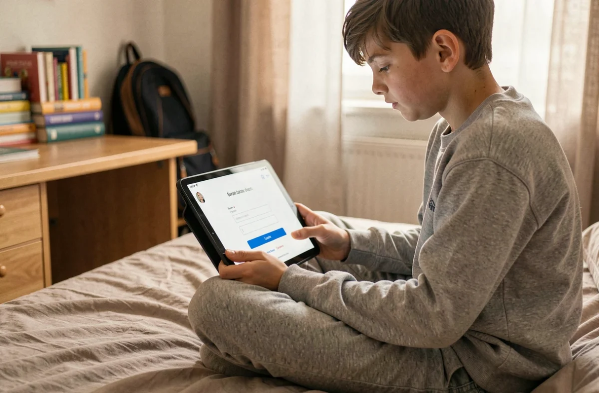Collégien utilisant une tablette depuis sa chambre pour s'authentifier sur l'ENT Eduline Lille