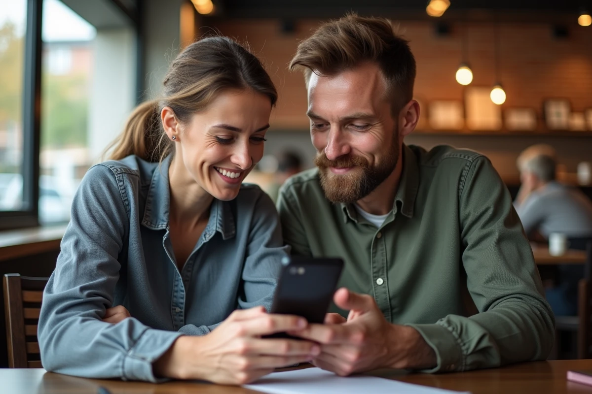 Deux collègues découvrant les fonctionnalités de l'historique du presse-papier sur Android dans un café