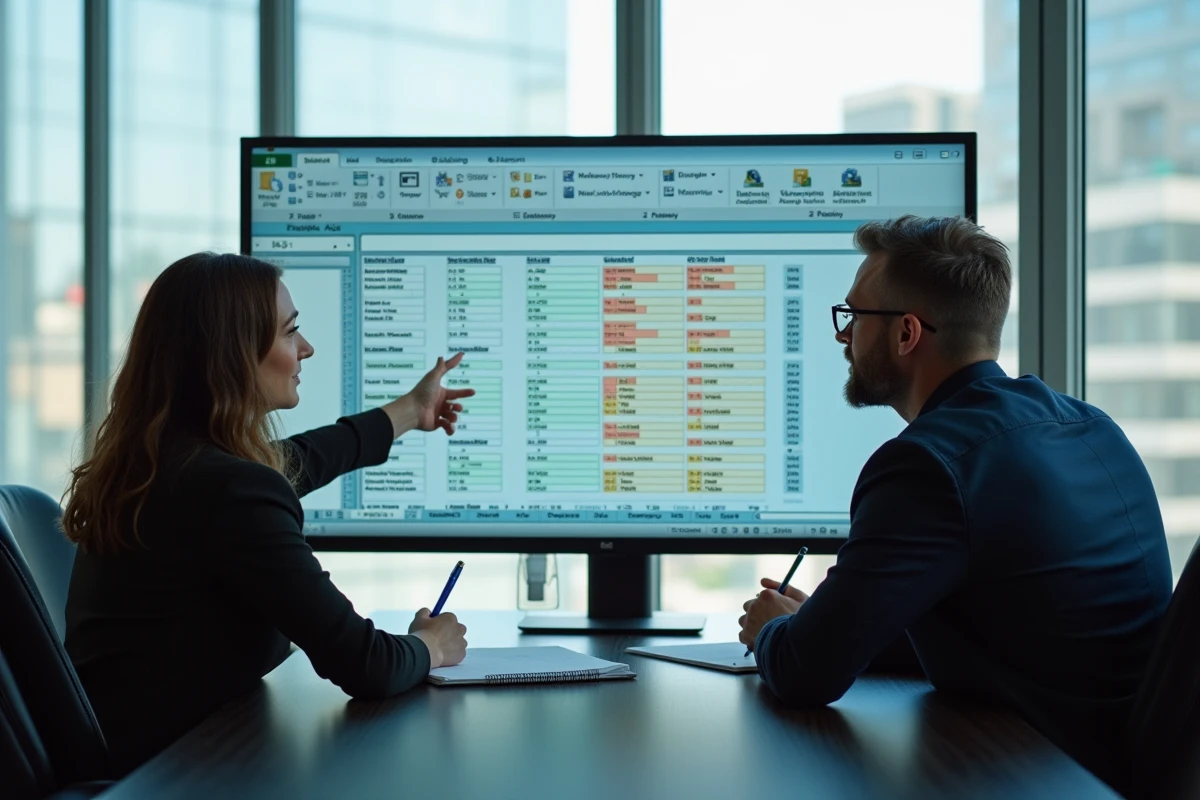 Deux collègues RH collaborant sur un tableau Excel de calcul d'âge des employés en salle de réunion