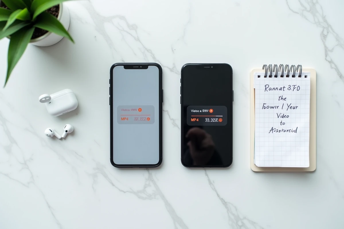 Vue de dessus de deux smartphones iPhone et Android affichant une progression de conversion vidéo en MP4