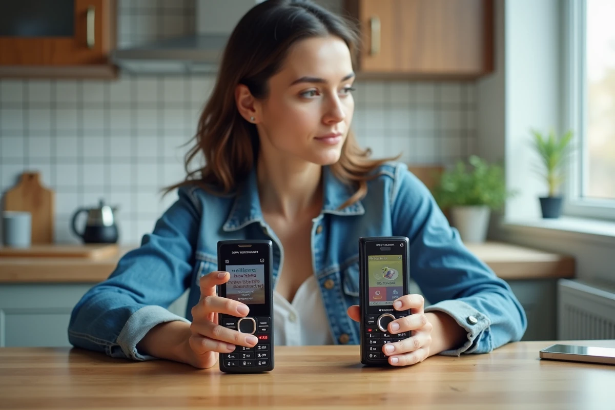 Femme comparant deux Sony Ericsson Walkman d'occasion sur une table en bois à la maison