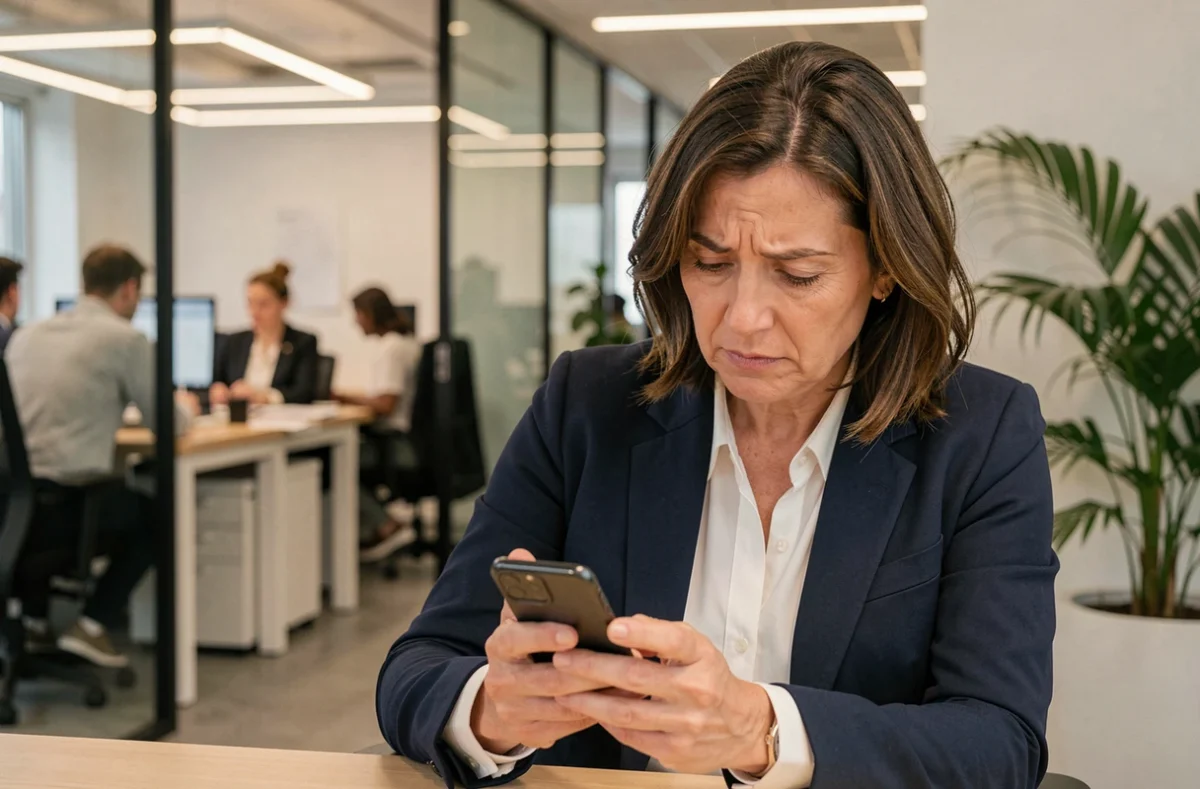 Femme en bureau ouvert regardant son téléphone avec inquiétude, illustrant la problématique de confidentialité des appels dans un environnement professionnel partagé et la fonctionnalité AudioDisplayed