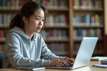 Étudiante connectée à sa messagerie académique sur un ordinateur portable dans une bibliothèque universitaire