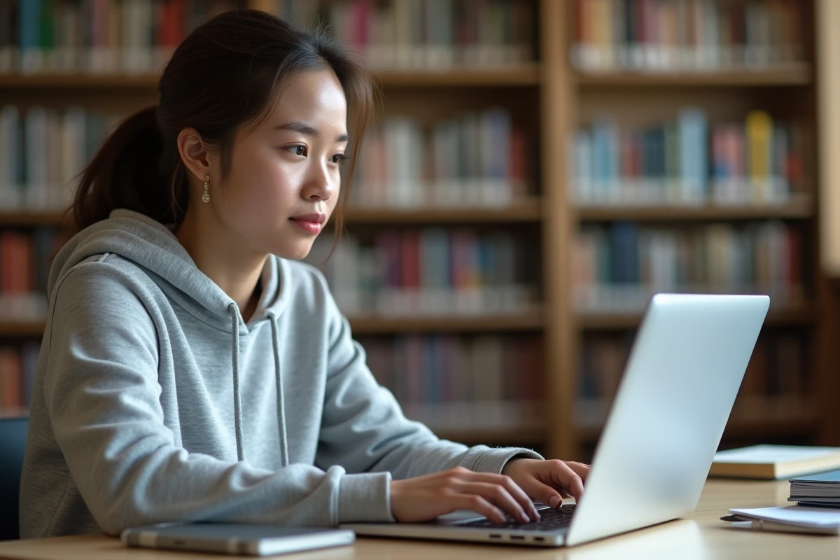 Étudiante connectée à sa messagerie académique sur un ordinateur portable dans une bibliothèque universitaire