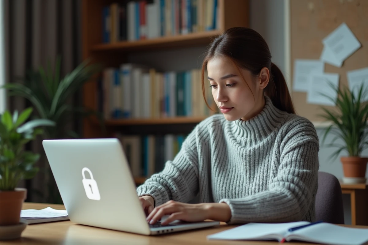 Femme connectée à sa messagerie académique Webmail ac Rennes sur un ordinateur portable depuis un bureau à domicile