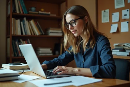 Femme consultant des archives web et captures d'écran d'anciens sites numériques sur un bureau encombré de documents imprimés