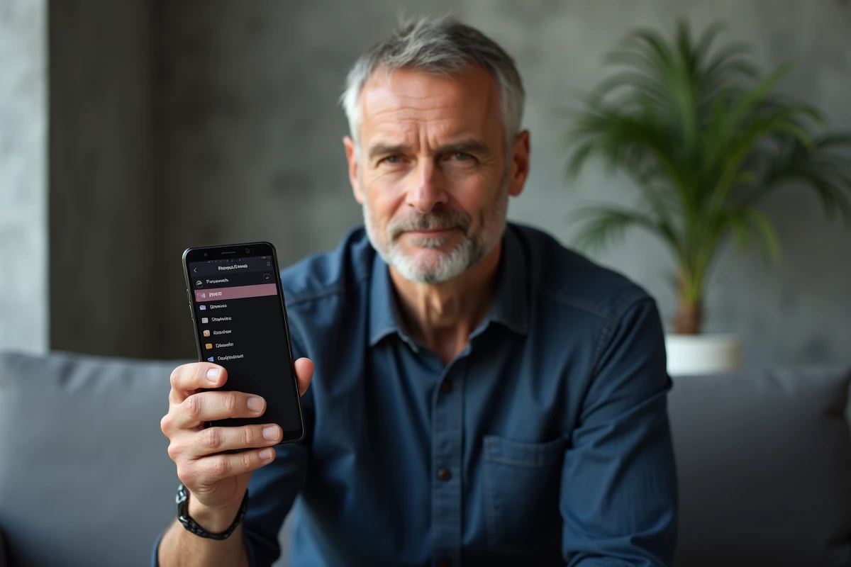 Homme utilisant un smartphone Android pour convertir une vidéo au format MP4 sur son canapé