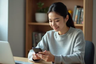 Femme tenant un iPhone avec une application de conversion vidéo en MP4 ouverte sur l'écran