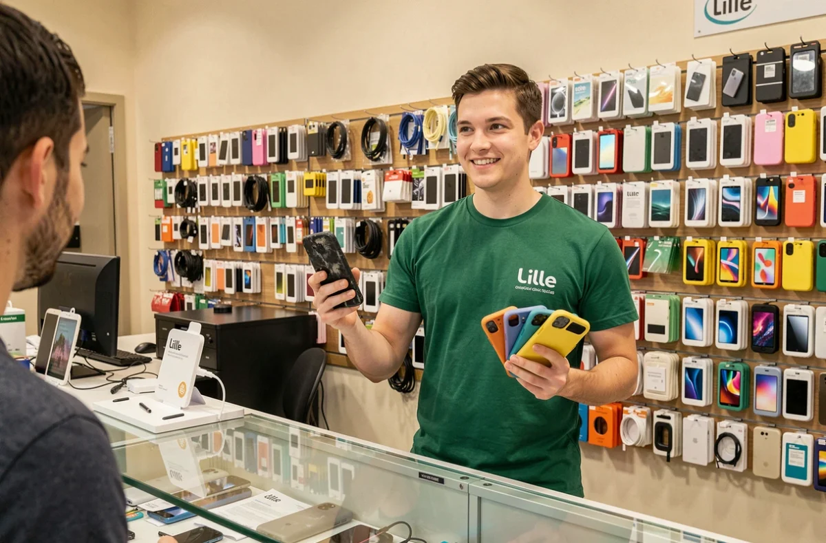 Vendeur de Corner Mobile Lille présentant un smartphone réparé et des accessoires derrière un comptoir de boutique