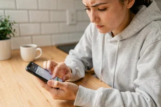 Jeune femme créant une adresse Yahoo Mail sur son smartphone Android dans une cuisine moderne
